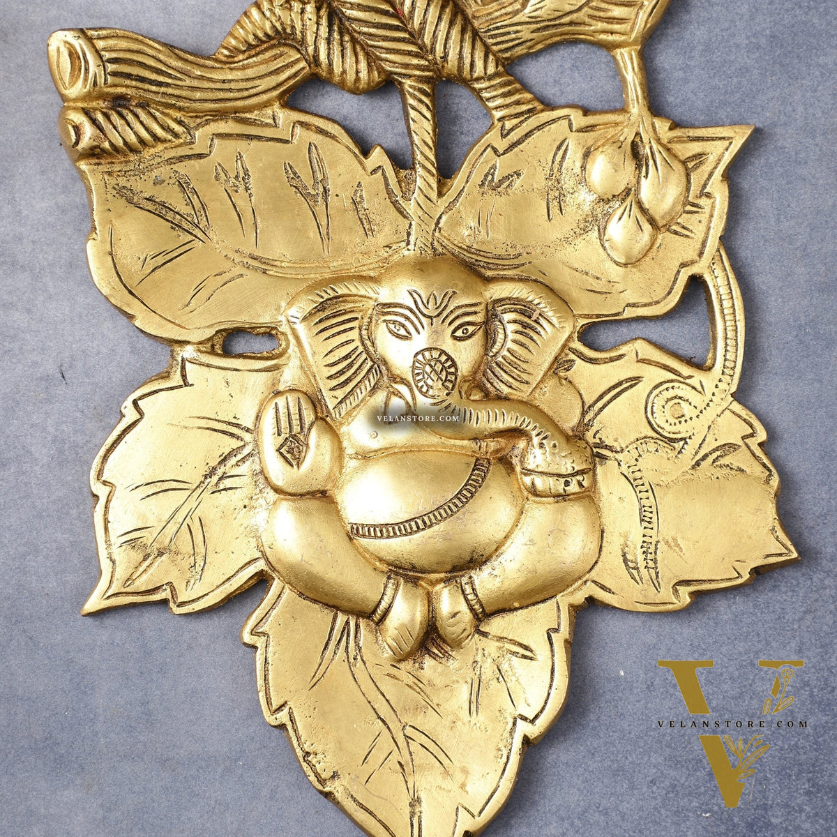 Unique Brass Lord Ganesha Wall Hanging on Leaf - 10.5 x 7 inch