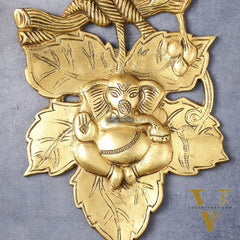 Unique Brass Lord Ganesha Wall Hanging on Leaf - 10.5 x 7 inch