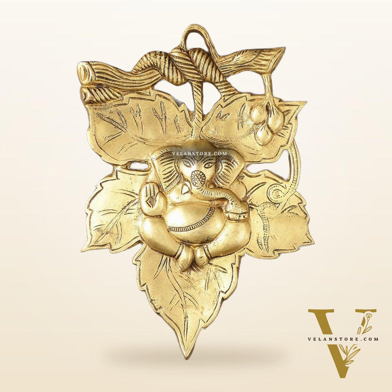 Unique Brass Lord Ganesha Wall Hanging on Leaf - 10.5 x 7 inch