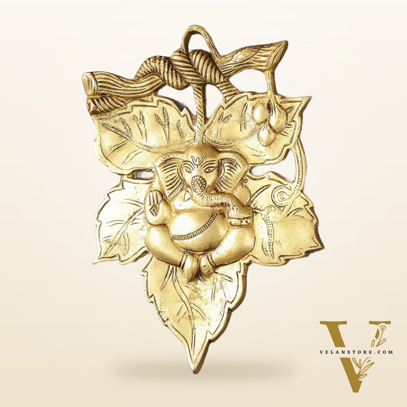 Unique Brass Lord Ganesha Wall Hanging on Leaf - 10.5 x 7 inch
