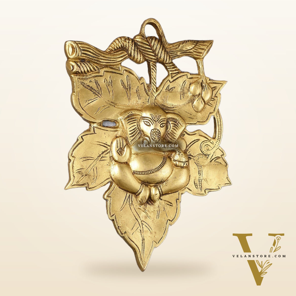 Unique Brass Lord Ganesha Wall Hanging on Leaf - 10.5 x 7 inch