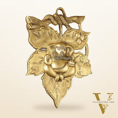 Unique Brass Lord Ganesha Wall Hanging on Leaf - 10.5 x 7 inch