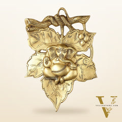 Unique Brass Lord Ganesha Wall Hanging on Leaf - 10.5 x 7 inch