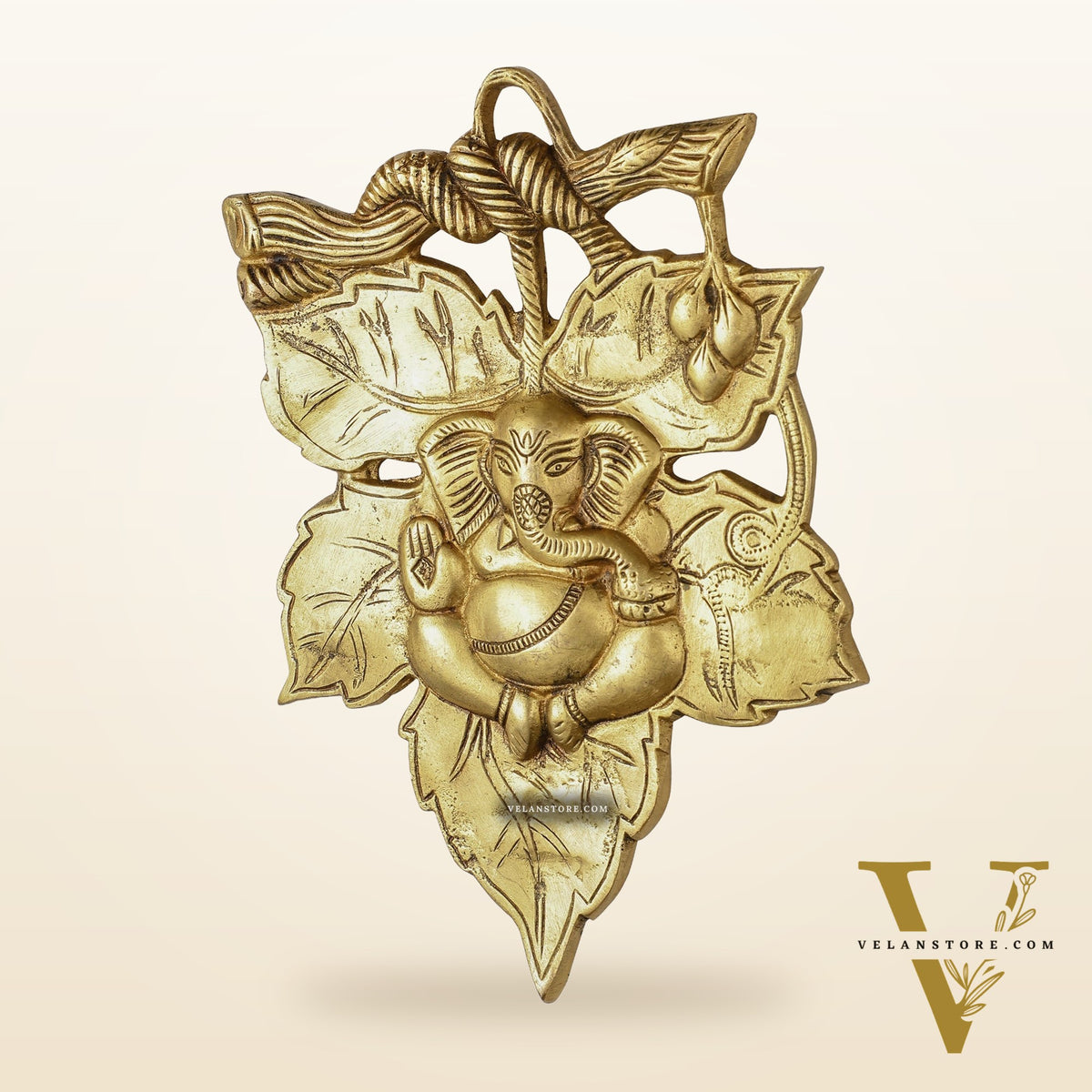 Unique Brass Lord Ganesha Wall Hanging on Leaf - 10.5 x 7 inch