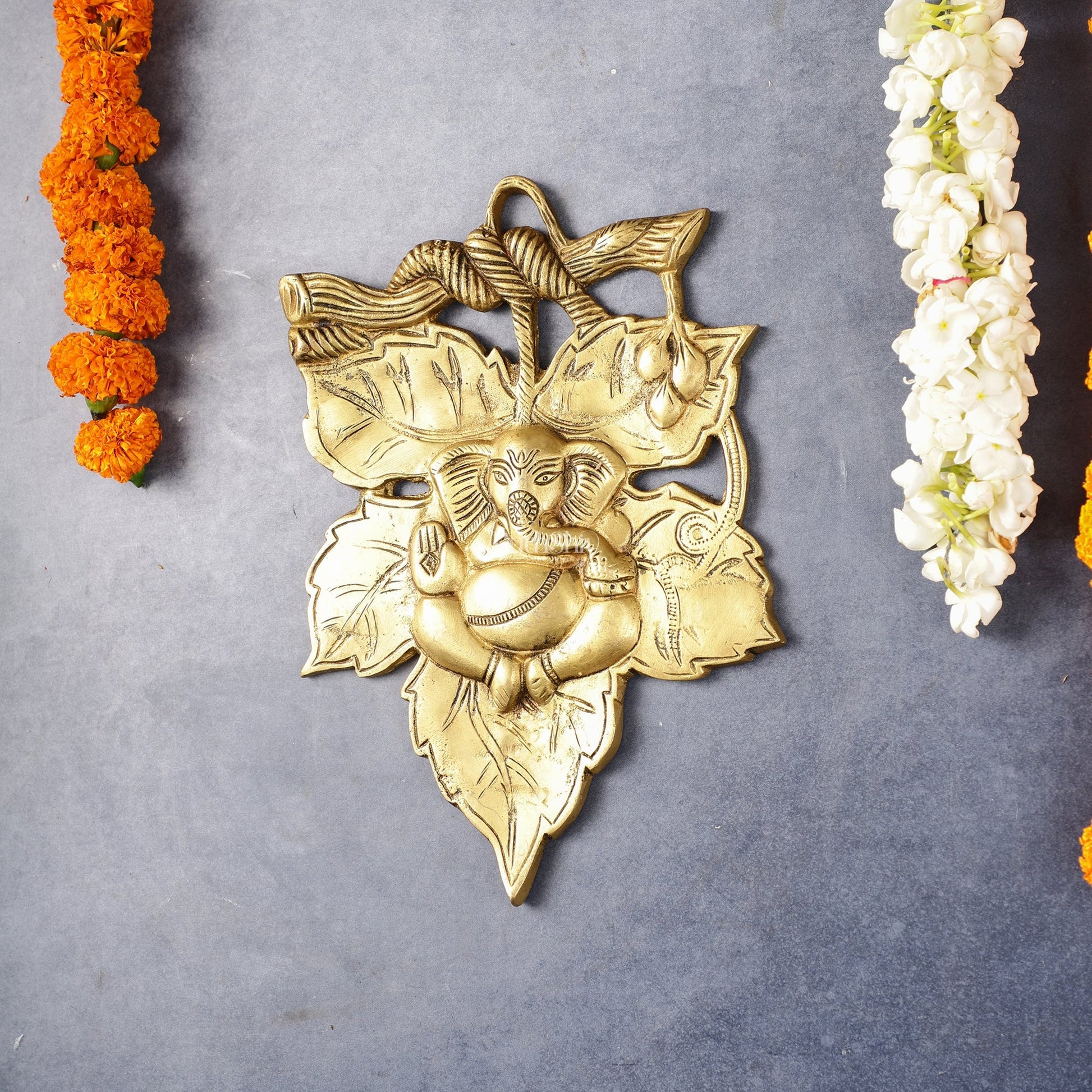 Unique Brass Lord Ganesha Wall Hanging on Leaf - 10.5 x 7 inch