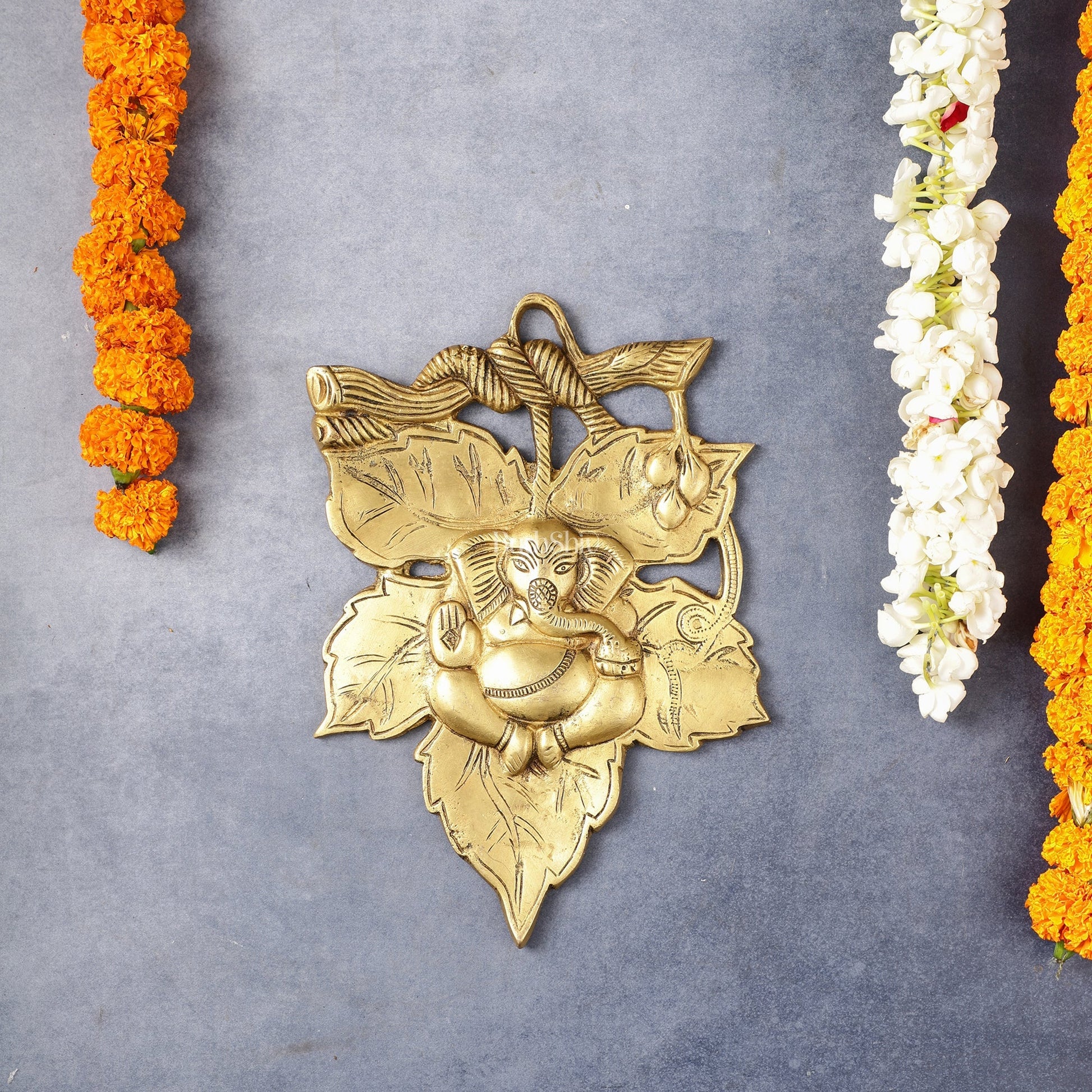 Unique Brass Lord Ganesha Wall Hanging on Leaf - 10.5 x 7 inch