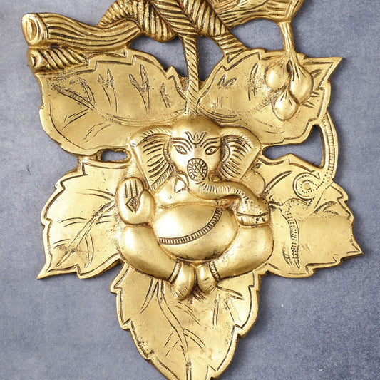 Unique Brass Lord Ganesha Wall Hanging on Leaf - 10.5 x 7 inch