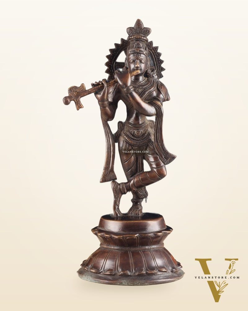 Unique Brass Lord Krishna Statue with Copper Tone – Divine Krishna Idol (11 Inches)