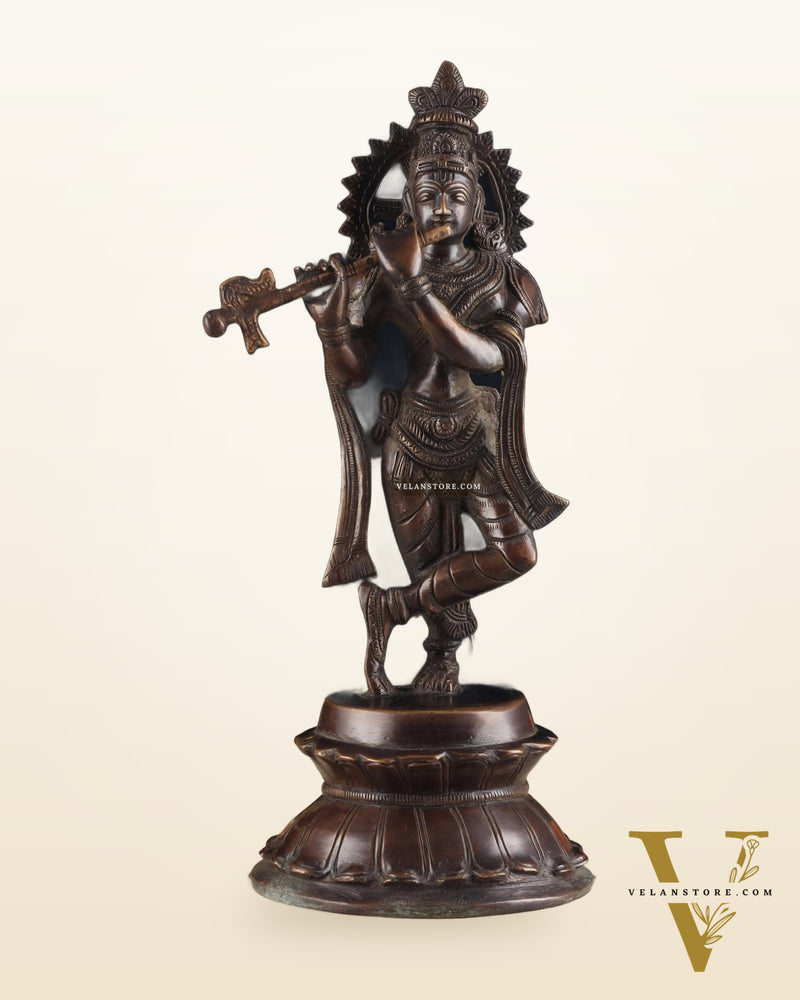 Unique Brass Lord Krishna Statue with Copper Tone – Divine Krishna Idol (11 Inches)