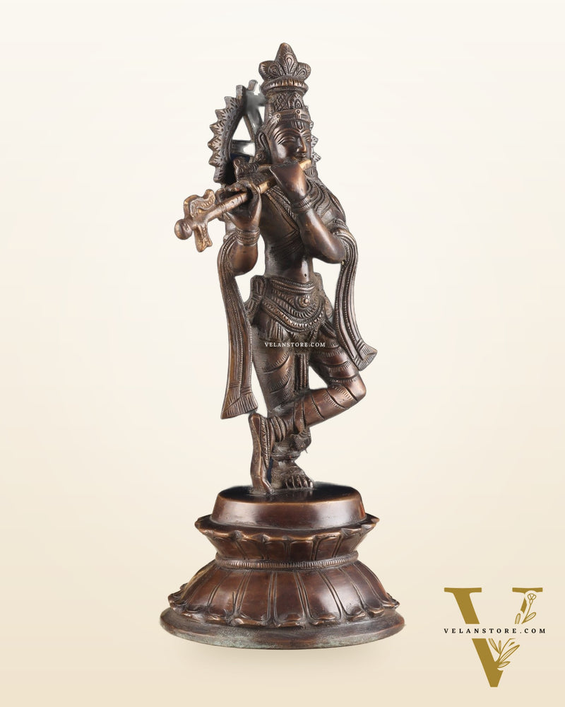Unique Brass Lord Krishna Statue with Copper Tone – Divine Krishna Idol (11 Inches)