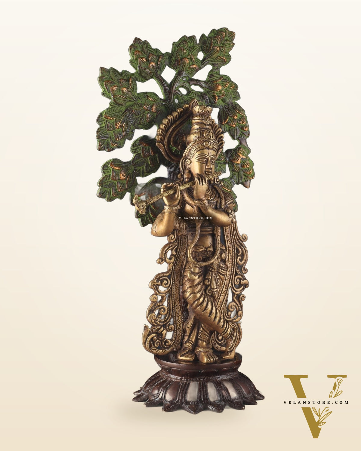 Unique Brass Lord Krishna with Kalpavriksha Tree Statue – 23" Tall, 12 kg