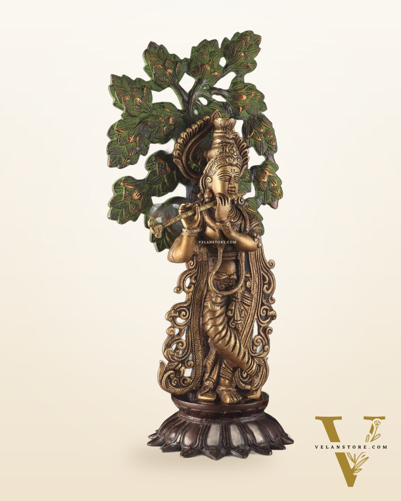 Unique Brass Lord Krishna with Kalpavriksha Tree Statue – 23" Tall, 12 kg
