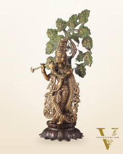 Unique Brass Lord Krishna with Kalpavriksha Tree Statue – 23" Tall, 12 kg