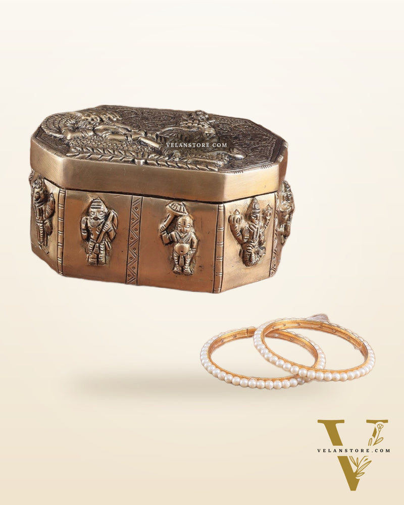 Unique Brass Lord Vishnu Multipurpose Storage Box with Dashavatar Carvings