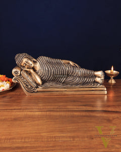 Unique Brass Sleeping Buddha Statue – 7" x 16.5" x 5" | Auspicious & Calming Decor