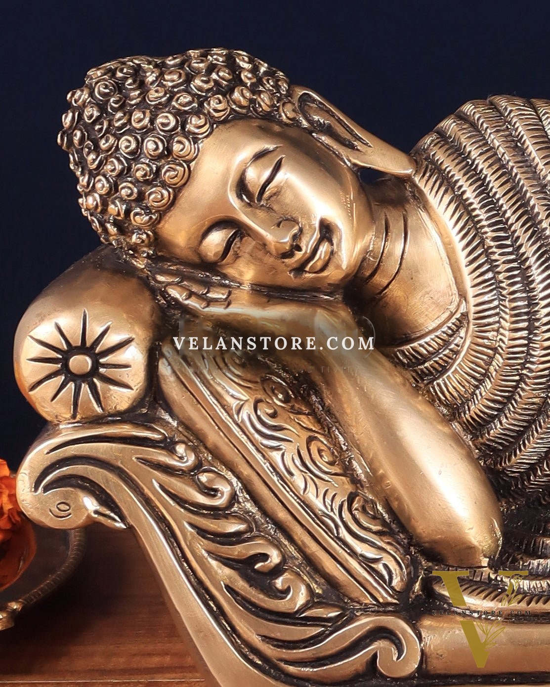 Unique Brass Sleeping Buddha Statue – 7" x 16.5" x 5" | Auspicious & Calming Decor