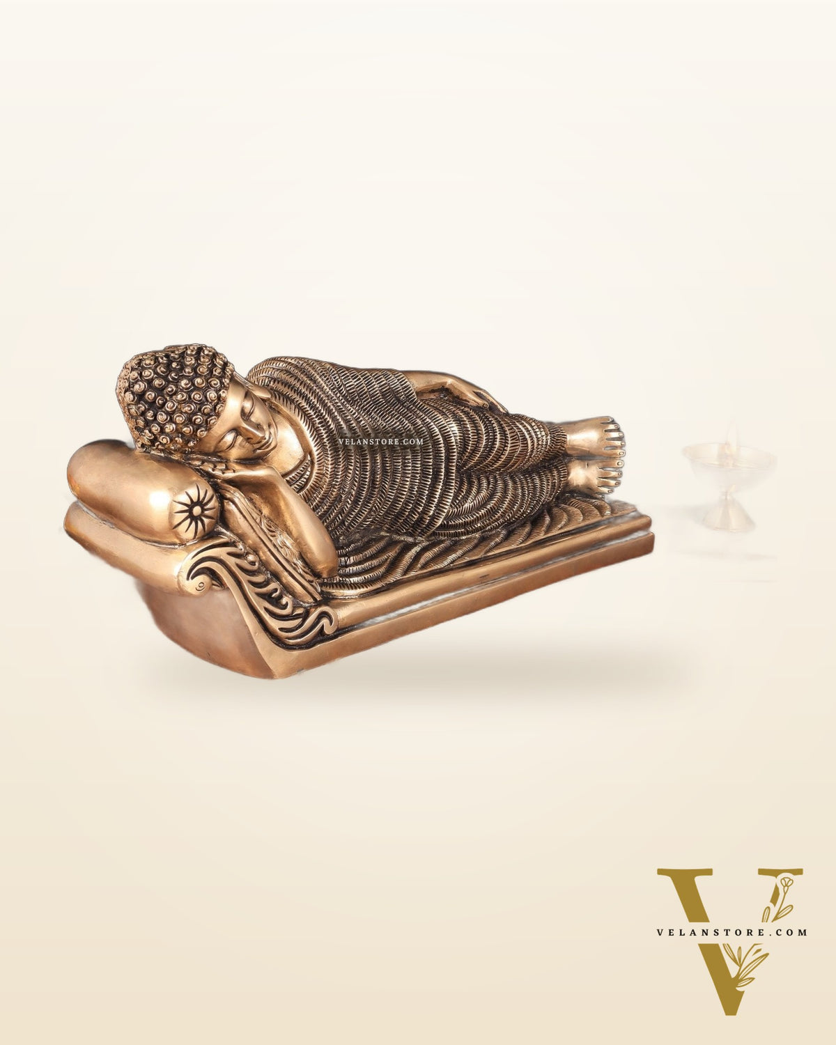 Unique Brass Sleeping Buddha Statue – 7" x 16.5" x 5" | Auspicious & Calming Decor