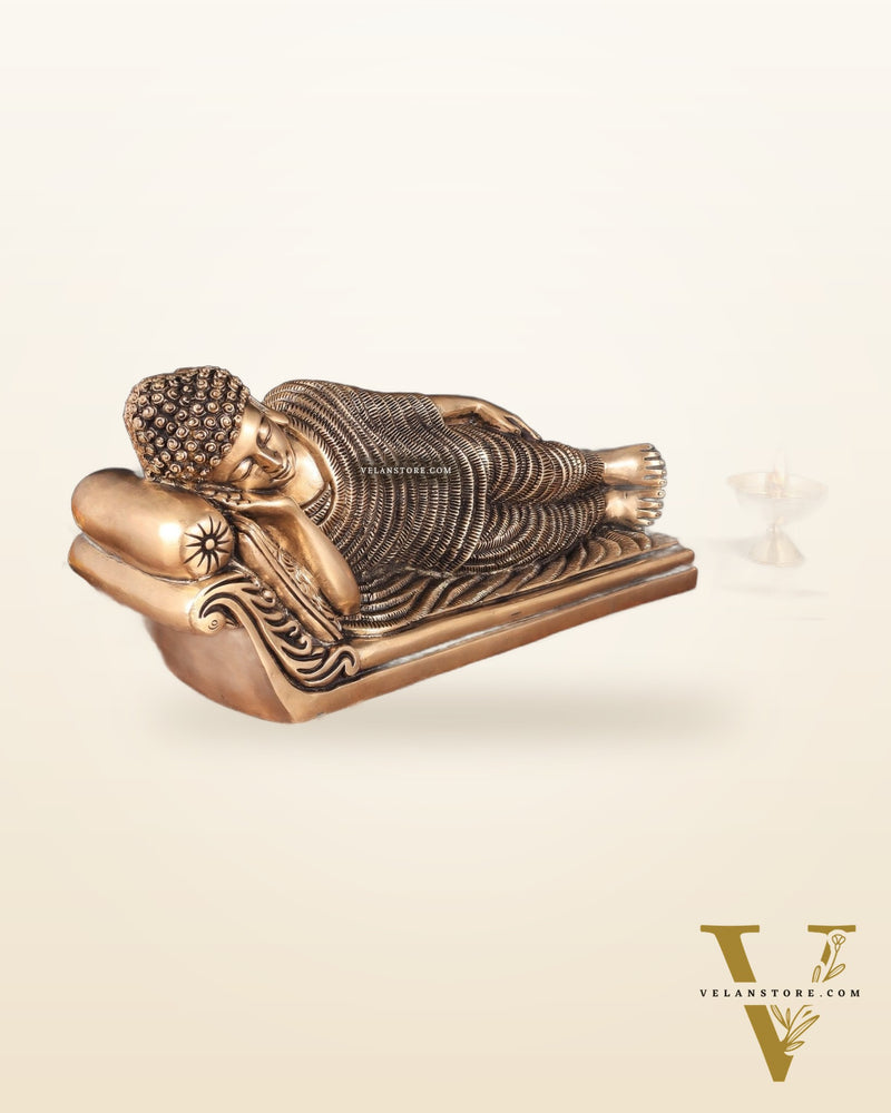 Unique Brass Sleeping Buddha Statue – 7" x 16.5" x 5" | Auspicious & Calming Decor