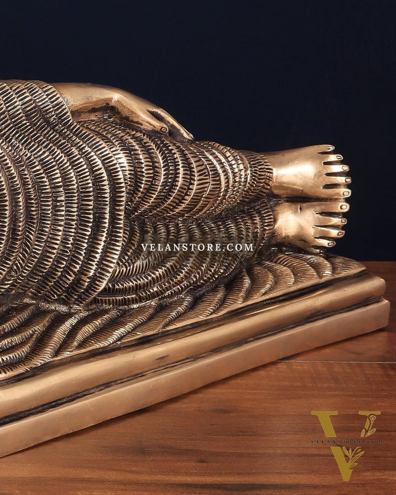 Unique Brass Sleeping Buddha Statue – 7" x 16.5" x 5" | Auspicious & Calming Decor