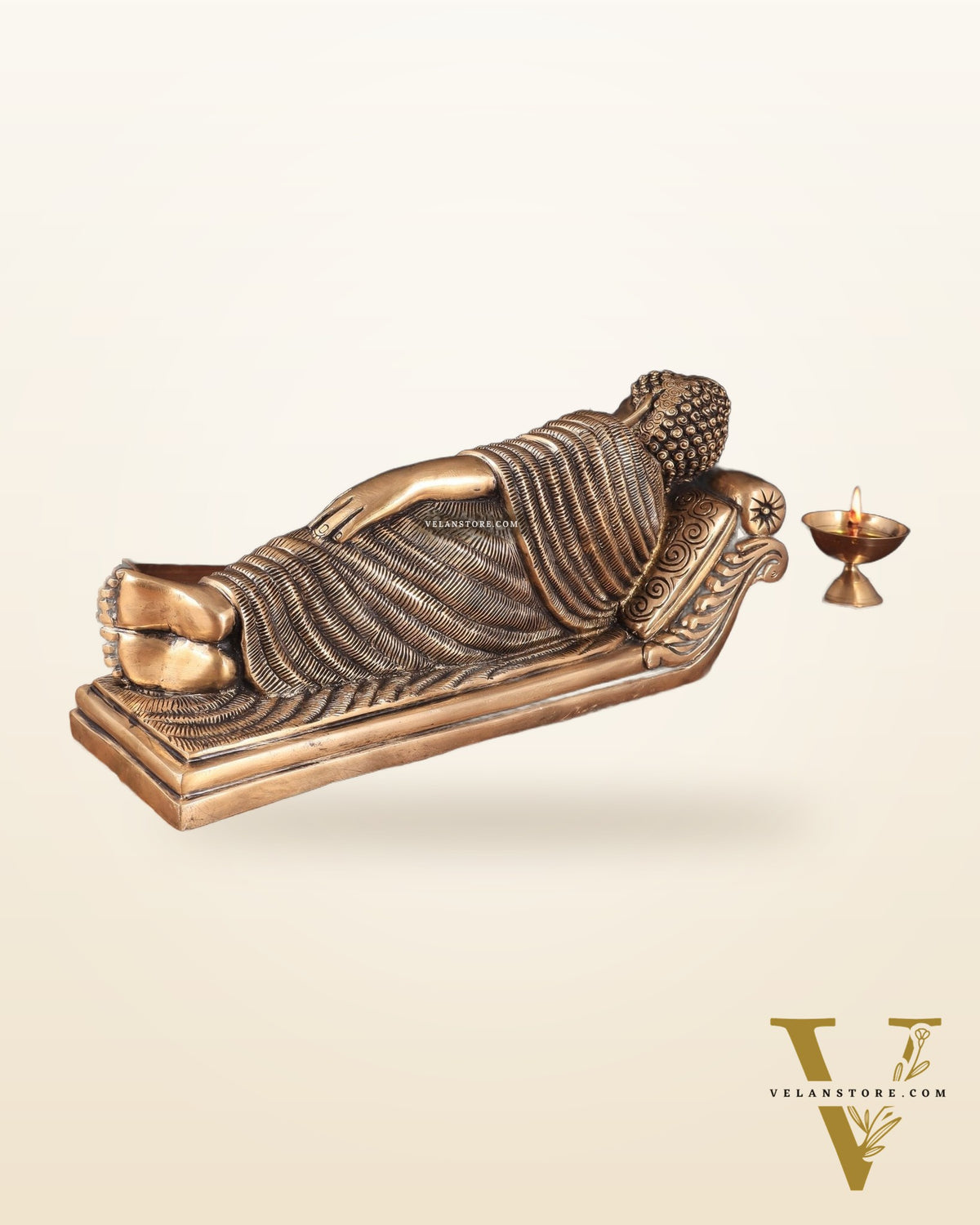 Unique Brass Sleeping Buddha Statue – 7" x 16.5" x 5" | Auspicious & Calming Decor