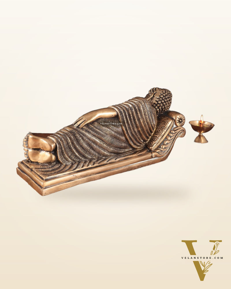 Unique Brass Sleeping Buddha Statue – 7" x 16.5" x 5" | Auspicious & Calming Decor