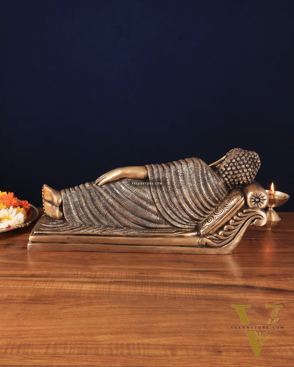 Unique Brass Sleeping Buddha Statue – 7" x 16.5" x 5" | Auspicious & Calming Decor