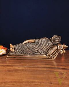 Unique Brass Sleeping Buddha Statue – 7" x 16.5" x 5" | Auspicious & Calming Decor