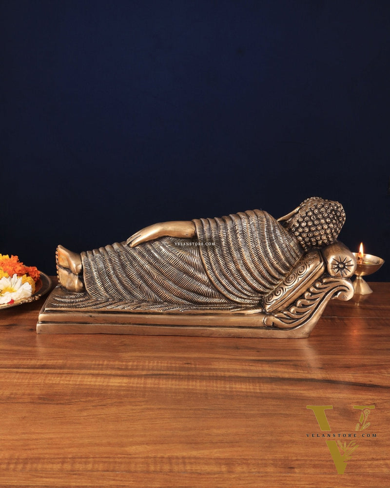 Unique Brass Sleeping Buddha Statue – 7" x 16.5" x 5" | Auspicious & Calming Decor