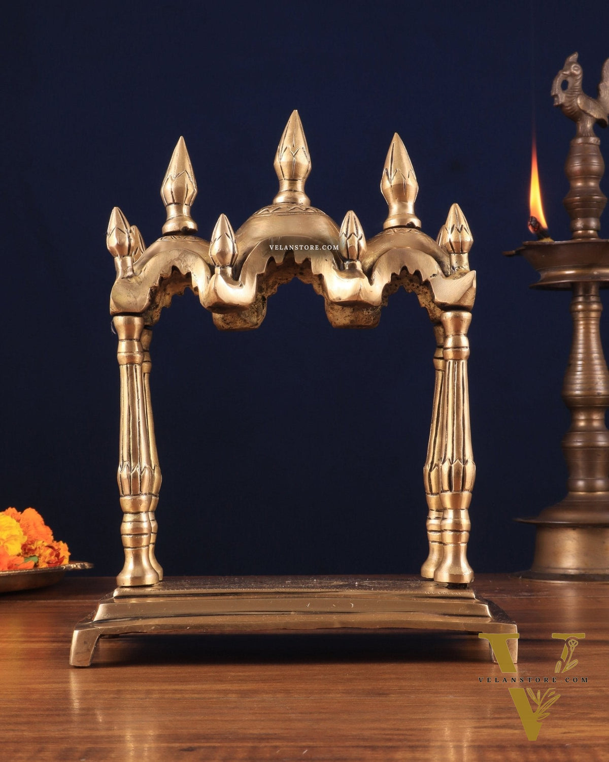 Unique Brass Triple-Arched Home Temple – 10.7" x 8.5" x 5.4" | Elegant Shrine for Small Deities