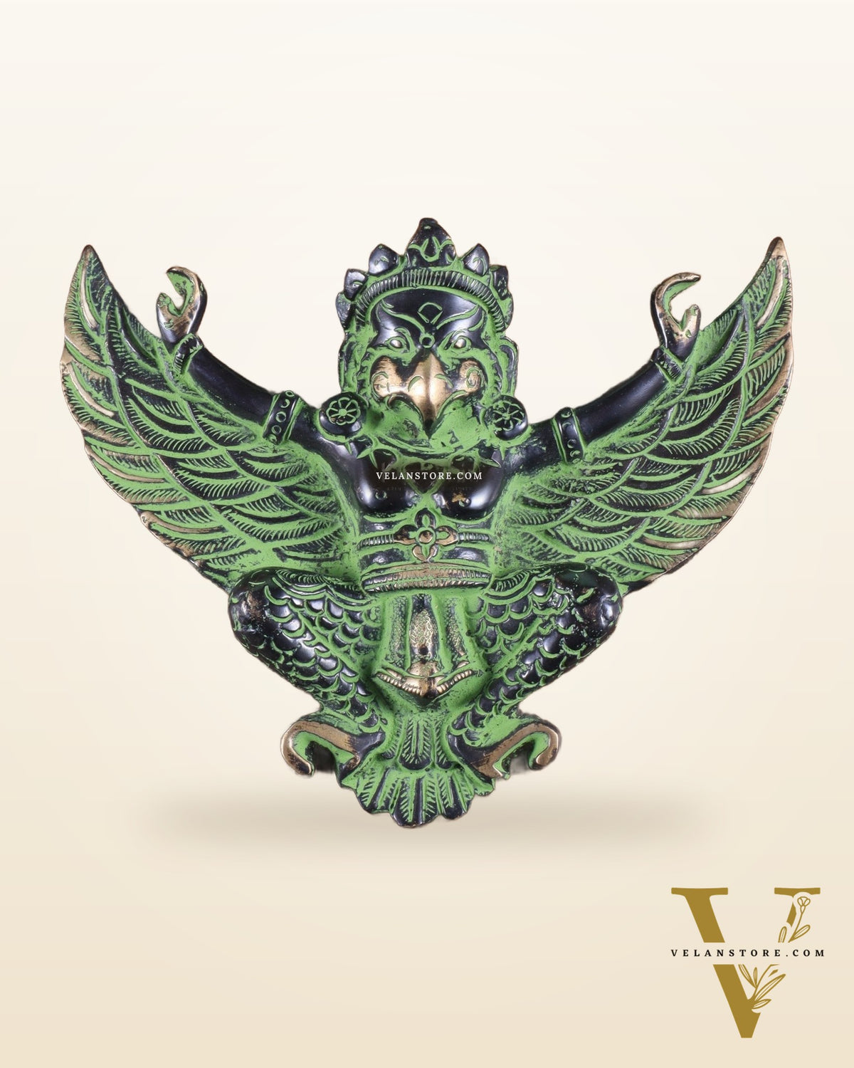 Unique Brass Wall Hanging Flying Garuda Idol 5" black and green