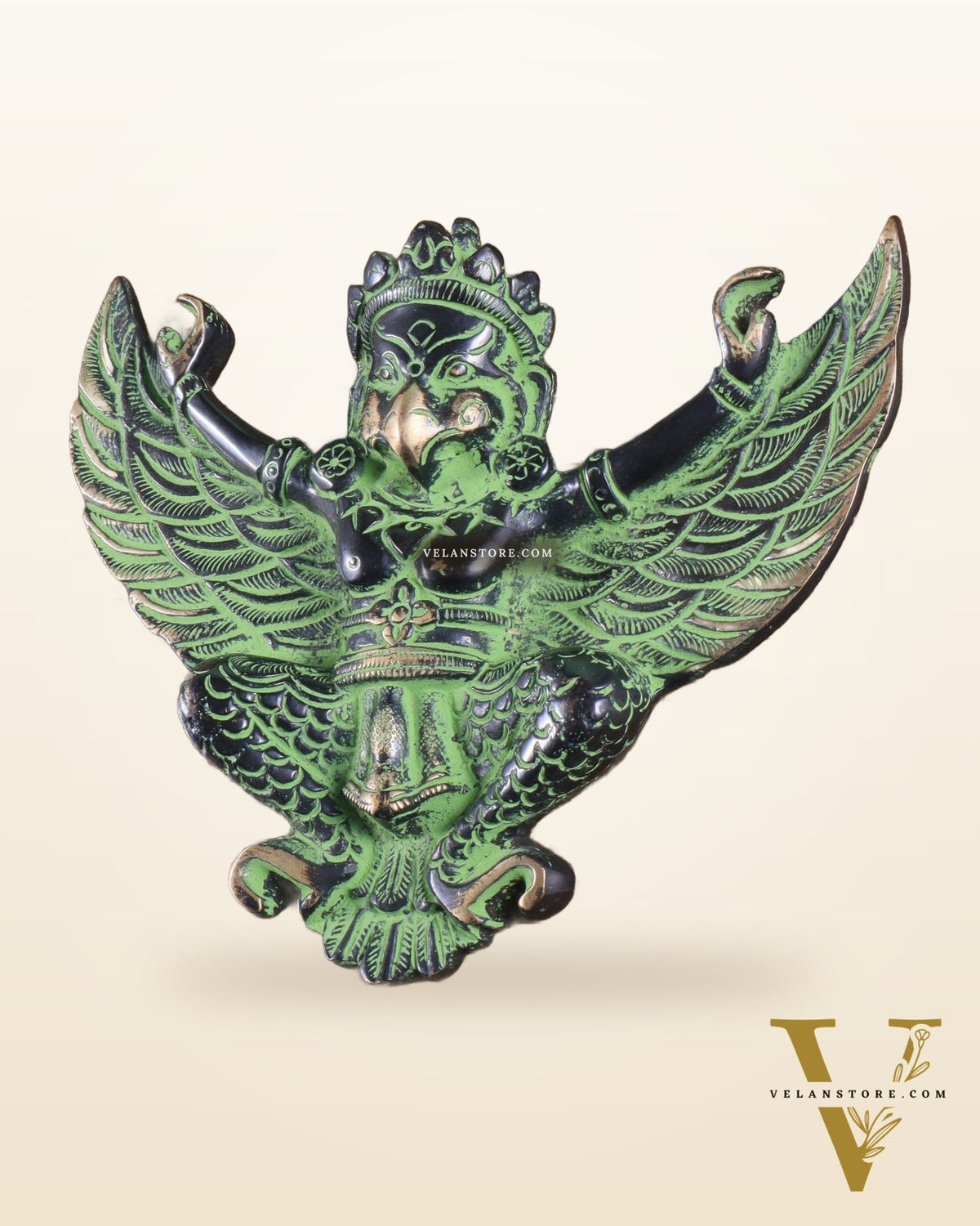 Unique Brass Wall Hanging Flying Garuda Idol 5" black and green