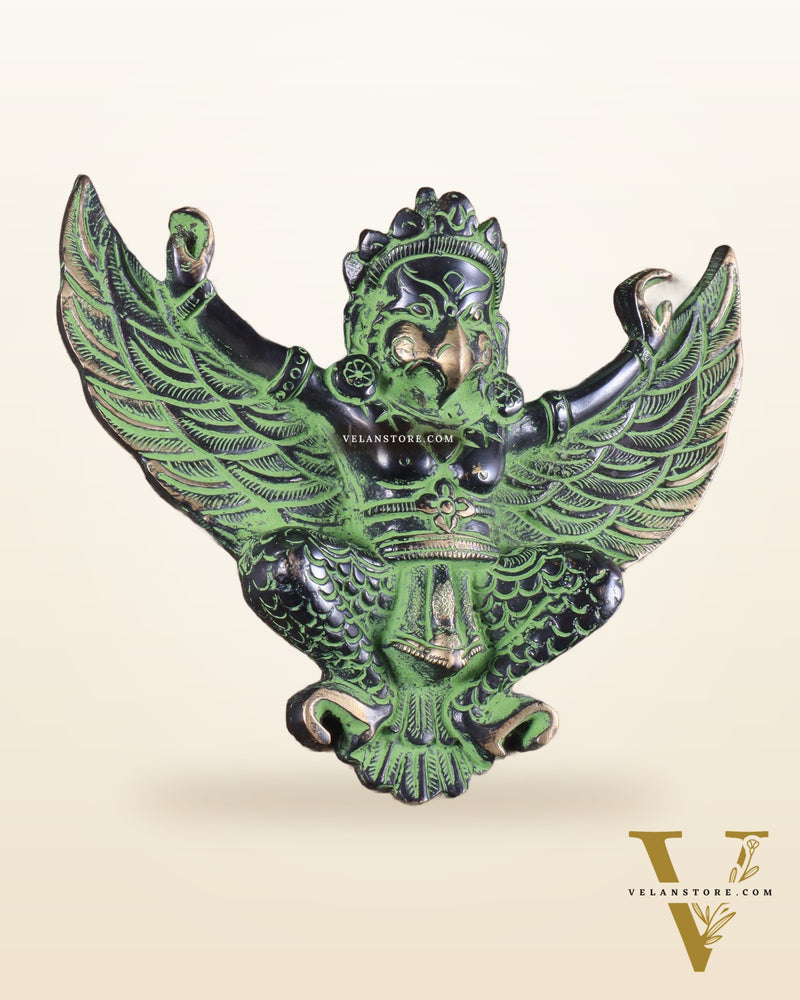 Unique Brass Wall Hanging Flying Garuda Idol 5" black and green