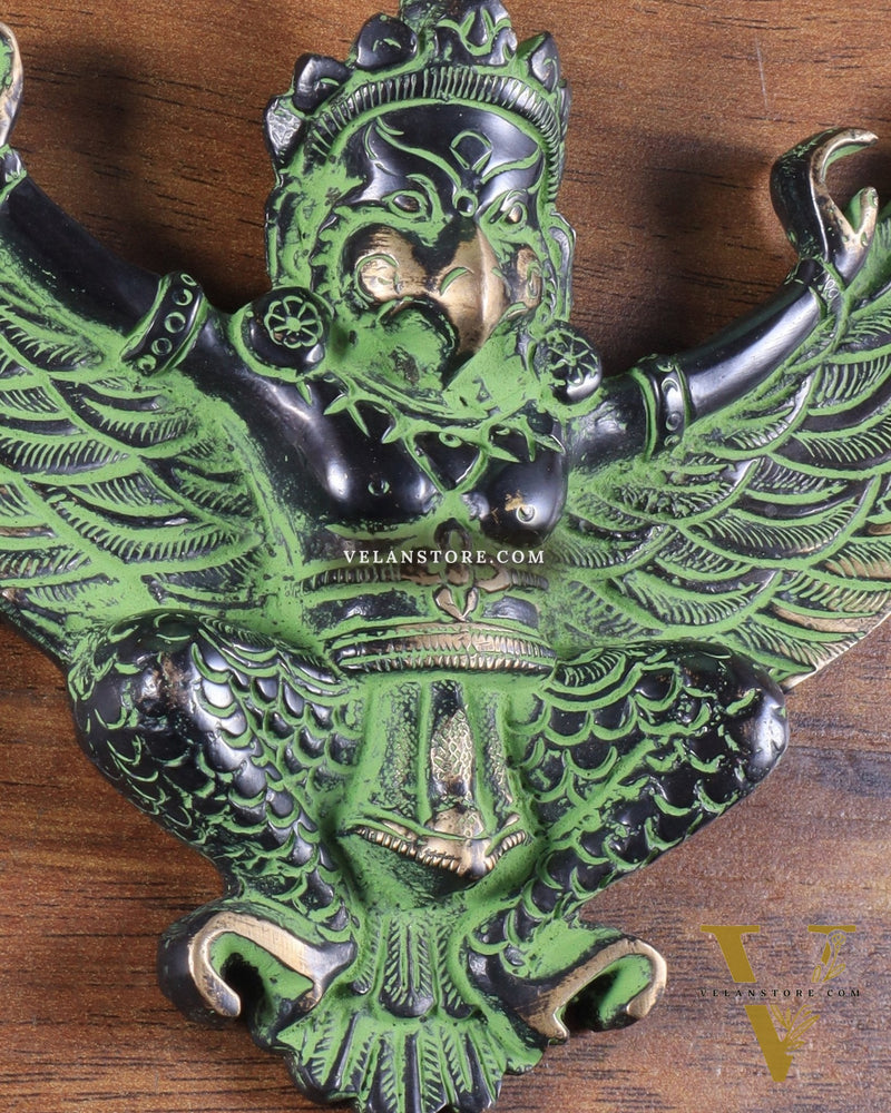 Unique Brass Wall Hanging Flying Garuda Idol 5" black and green