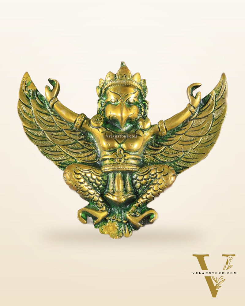 Unique Brass Wall Hanging Flying Garuda Idol 5" Green effect