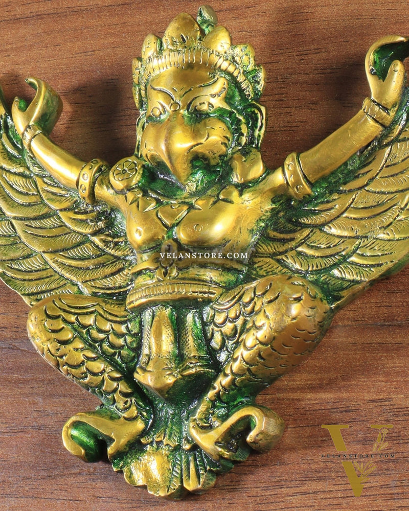 Unique Brass Wall Hanging Flying Garuda Idol 5" Green effect