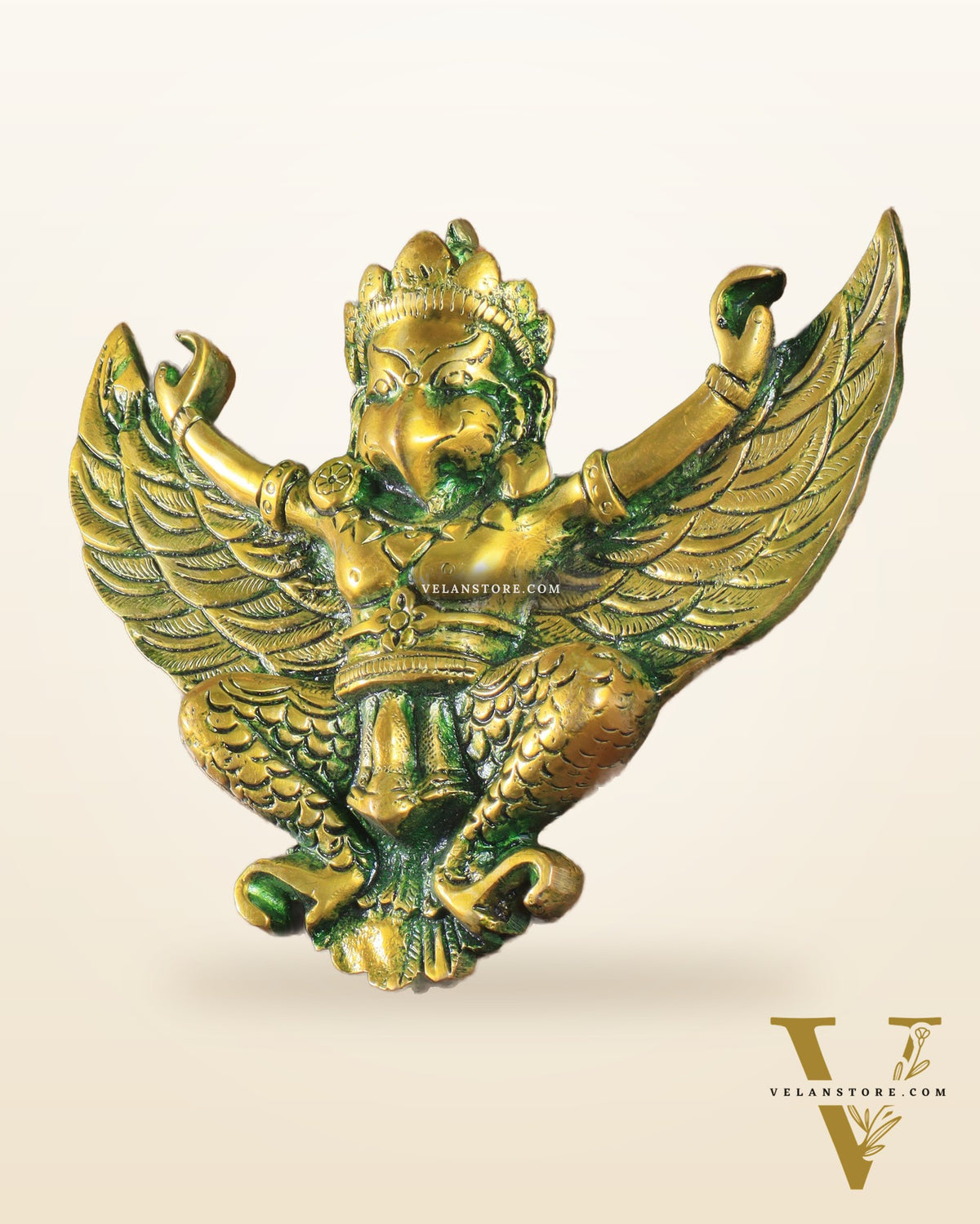 Unique Brass Wall Hanging Flying Garuda Idol 5" Green effect