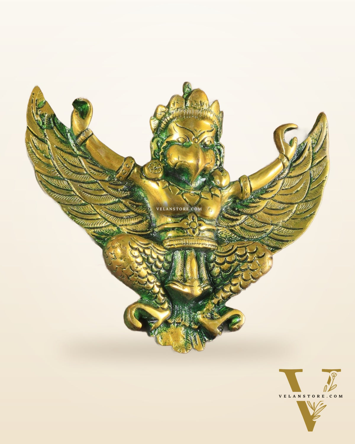 Unique Brass Wall Hanging Flying Garuda Idol 5" Green effect