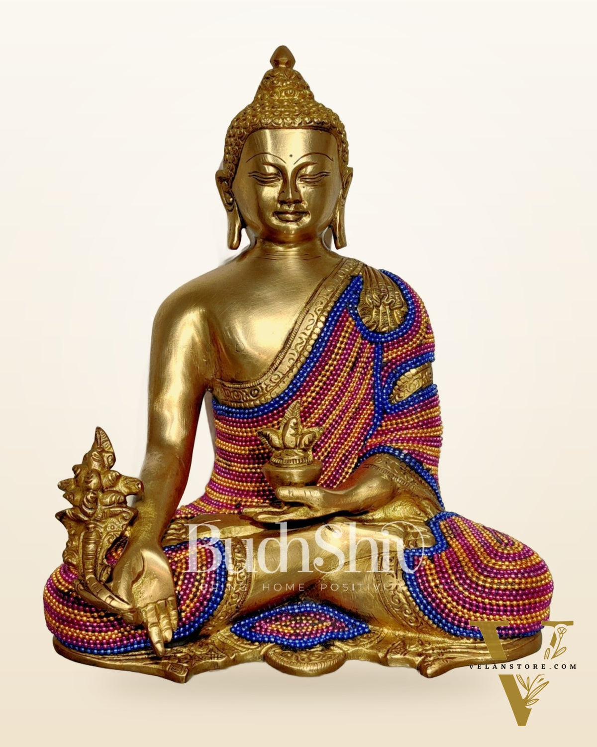 Unique Chain Beadwork: Buddha Statue in Fine Brass 10"