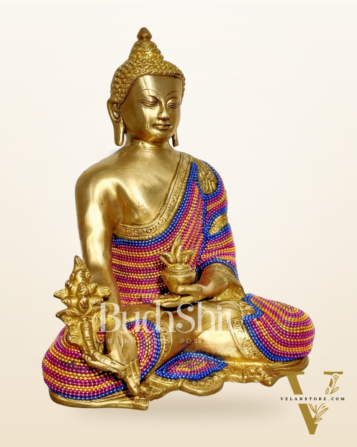 Unique Chain Beadwork: Buddha Statue in Fine Brass 10"