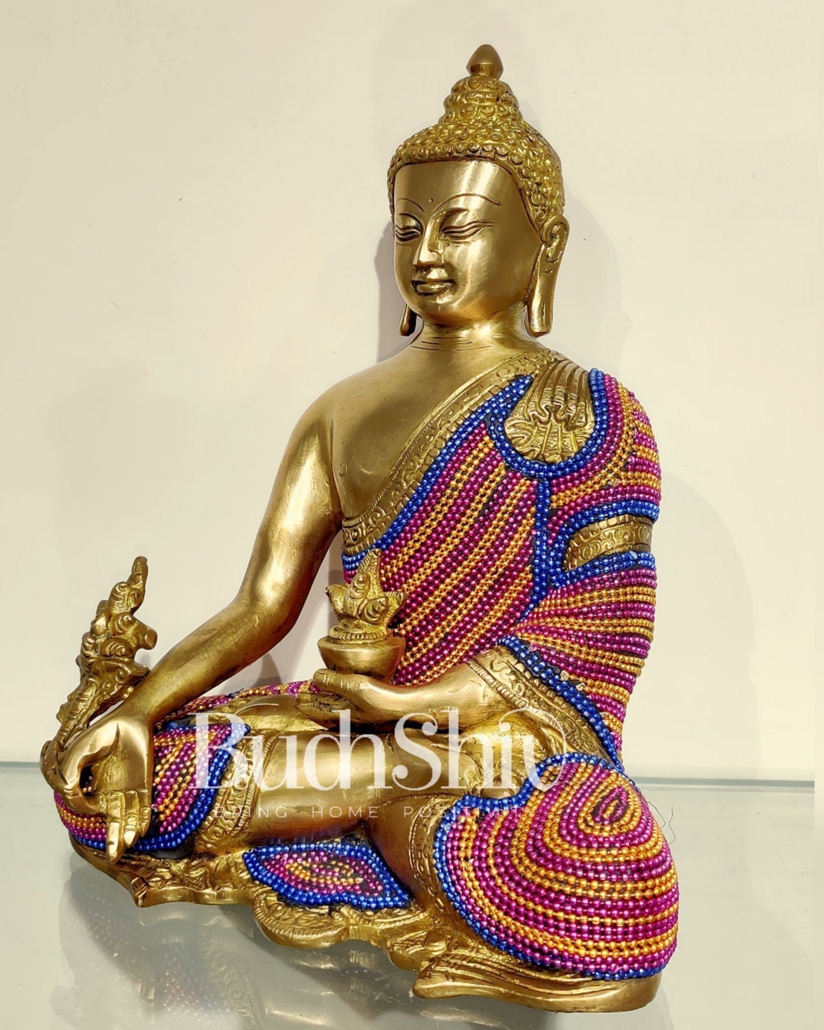 Unique Chain Beadwork: Buddha Statue in Fine Brass 10"