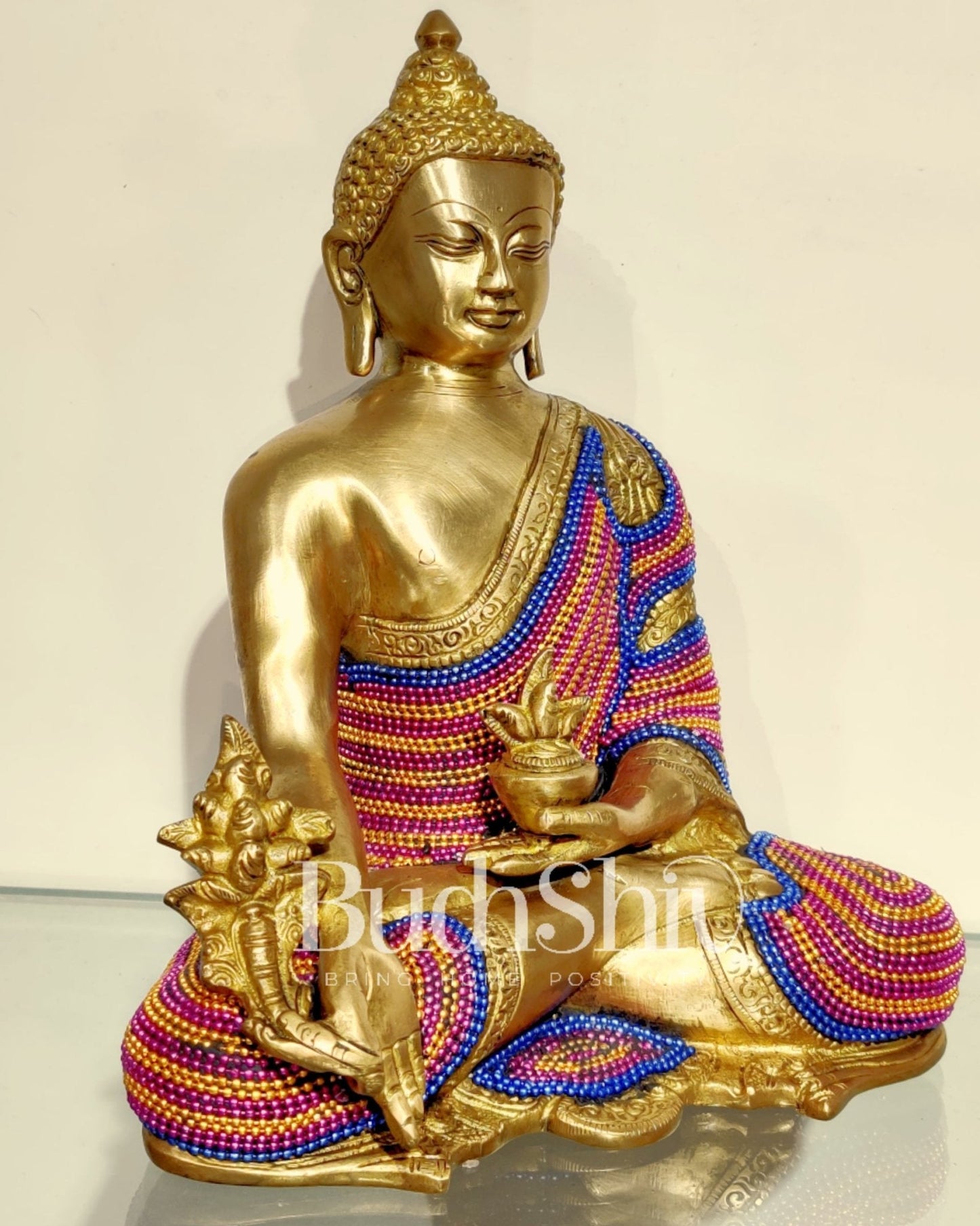 Unique Chain Beadwork: Buddha Statue in Fine Brass 10"