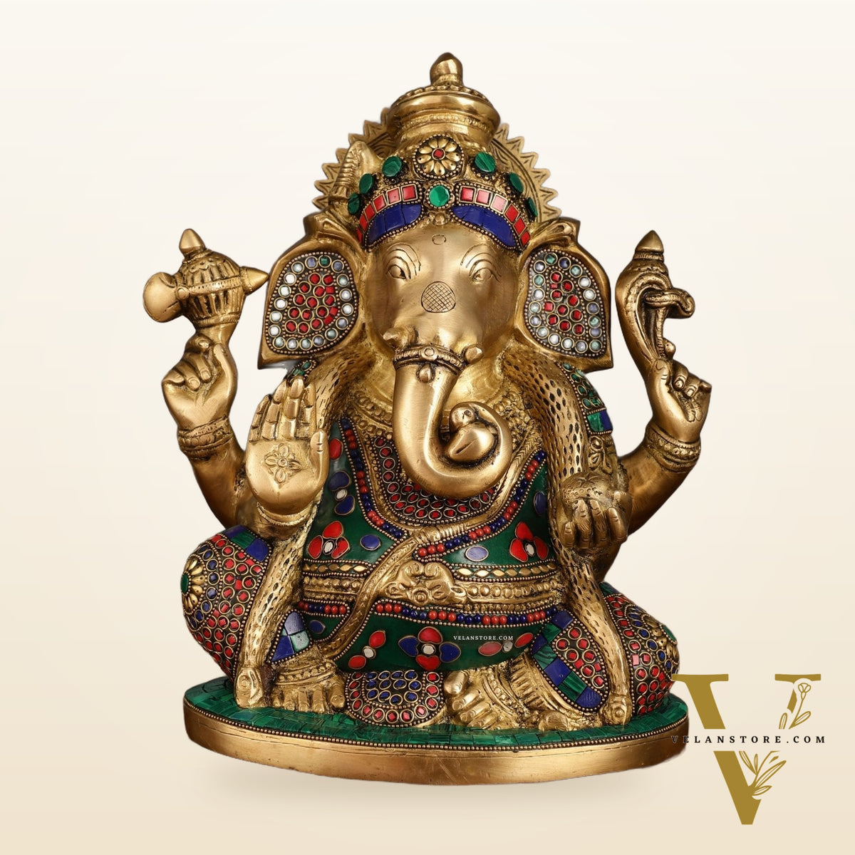 Unique Ganapati Brass Statue with Meenakari | 13.2 Inch