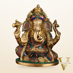 Unique Ganapati Brass Statue with Meenakari | 13.2 Inch