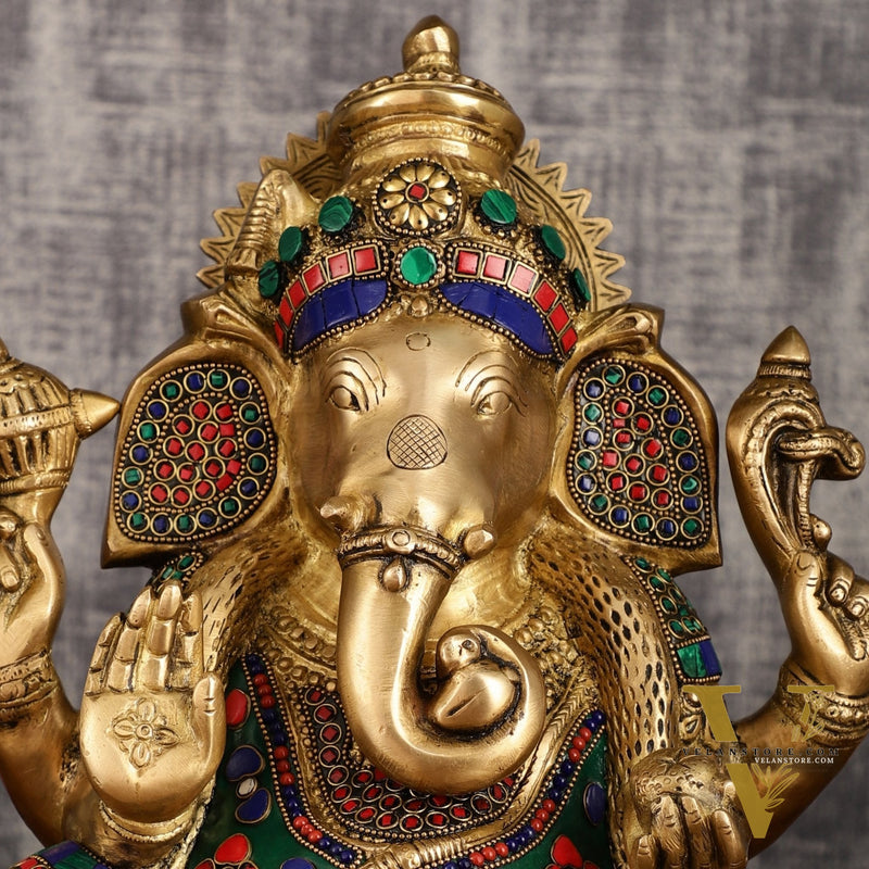 Unique Ganapati Brass Statue with Meenakari | 13.2 Inch