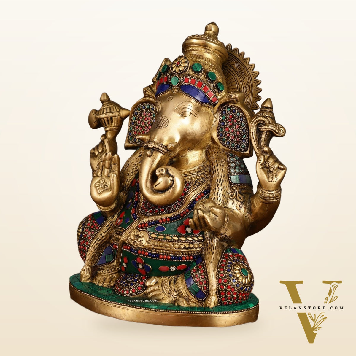 Unique Ganapati Brass Statue with Meenakari | 13.2 Inch