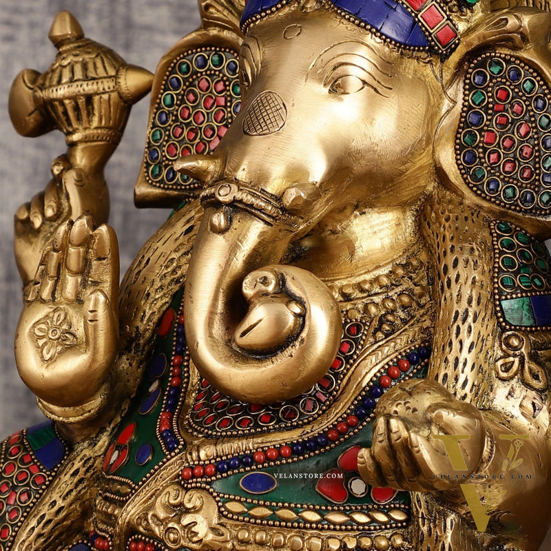 Unique Ganapati Brass Statue with Meenakari | 13.2 Inch