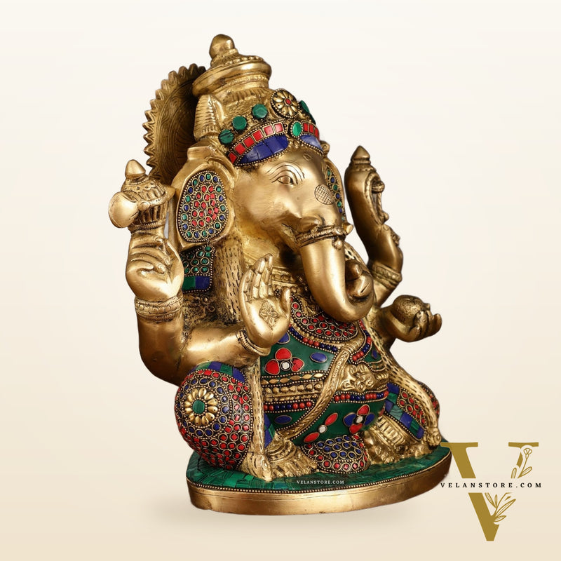 Unique Ganapati Brass Statue with Meenakari | 13.2 Inch