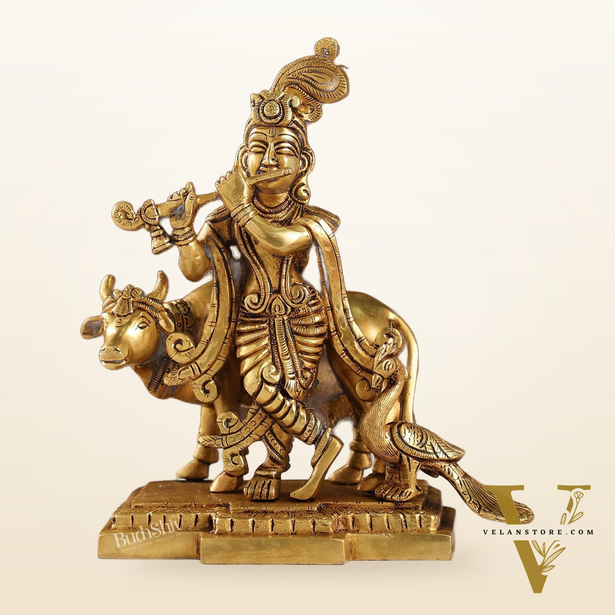 Unique Krishna Playing Flute with Cow and Peacock | Superfine Brass | 8" Height