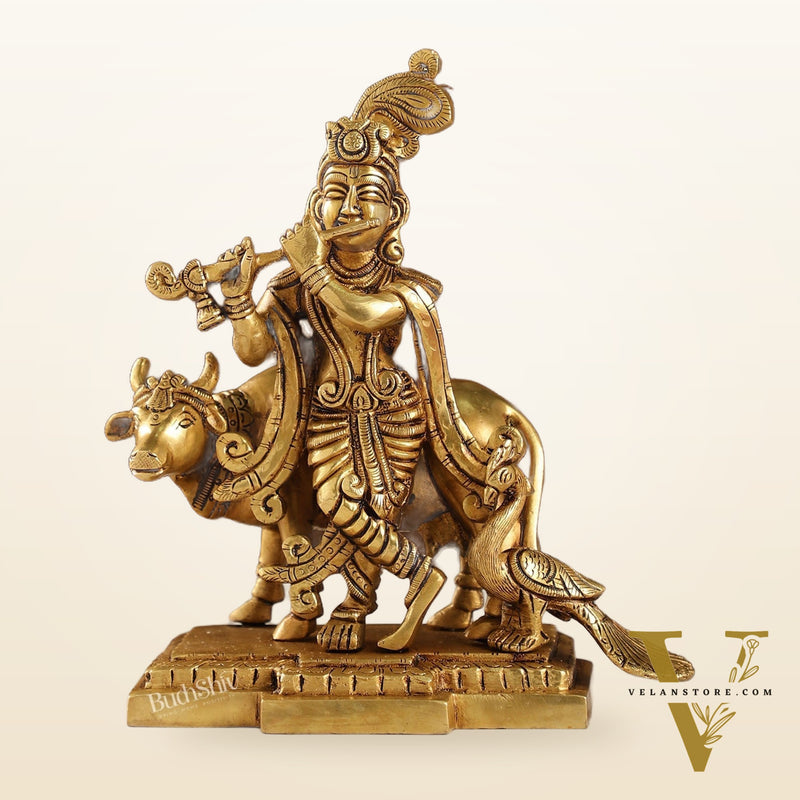 Unique Krishna Playing Flute with Cow and Peacock | Superfine Brass | 8" Height