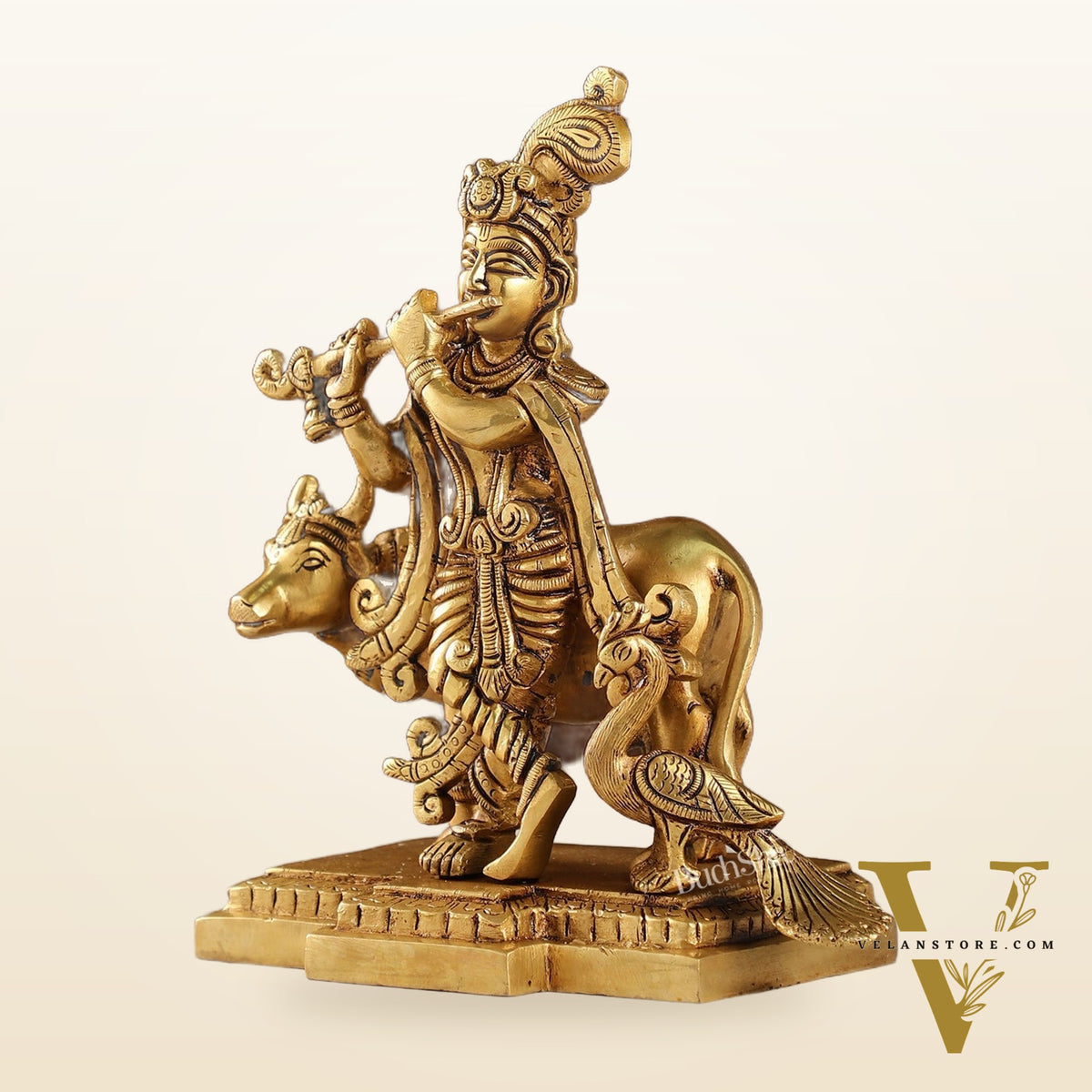 Unique Krishna Playing Flute with Cow and Peacock | Superfine Brass | 8" Height
